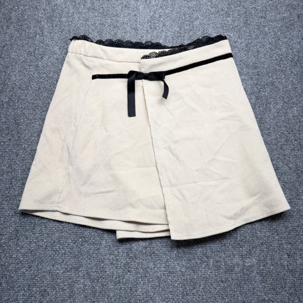Beige Corduroy Wrap Skort Black Lace Trim Velvet Bow Coquette Mini Skirt Shorts
